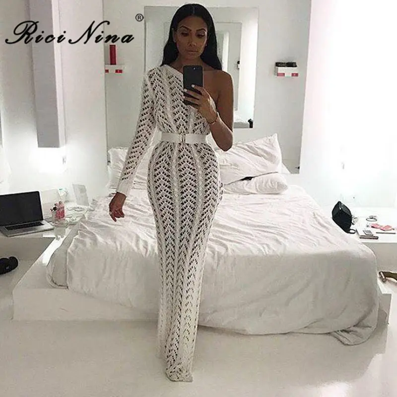 RICININA 2019 امرأة اللباس السيدات واحد الكتف الجوف خارج Bodycon الكاحل طول محبوك سبليت فساتين النساء مثير حزب شاطئ اللباس