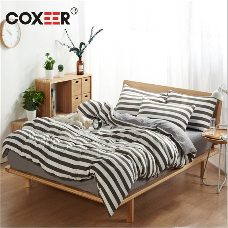 

coxeer 4PCs Bedding Set Striped Plaid Pattern Polyester Duvet Cover Sheets Bedsheet Pillow Case Housse De Couette For 1.5/1.8m