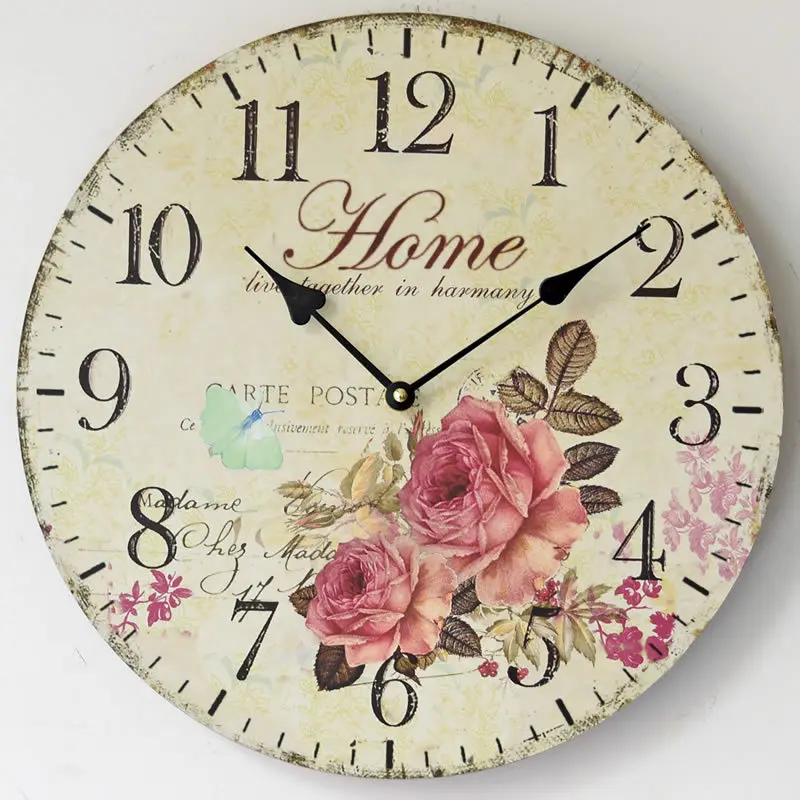 New 2016 Antique Style Vintage Flower Round Wood Wall Clock Quartz