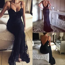 Zurück Sexy Spaghetti-träger Schwarz Gefrieste Appliques Abendkleider