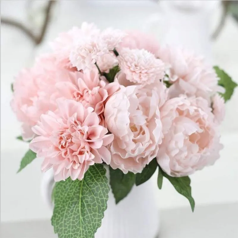 

Upscale Vivid Peony Dahlia Daisy Decorative Artificial Silk Flowers Wedding Decorations Fake Plants Home Decor free shipping