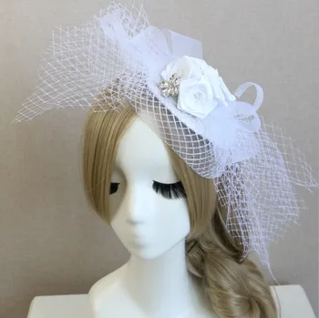 

Big Size Retro Bride Headwear White Mesh with Rose Flower Rhinestones Headband to Match Wedding Dress