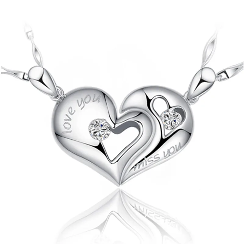 

100% 925 sterling silver romantic love heart lovers`couple pendant necklaces jewelry two short chains no fade wedding gift