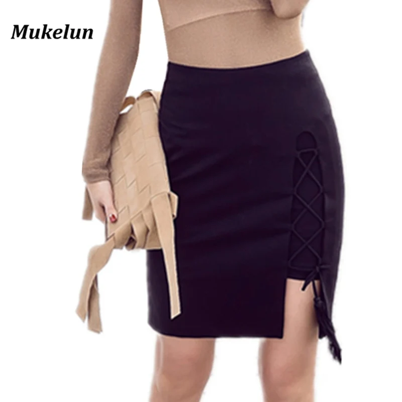 

Sexy Lace Up Cross Pencil Skirt Women Elegant Hollow Out Short Skirt Spring Summer 2018 Casual Split Bodycon Black Mini Skirt