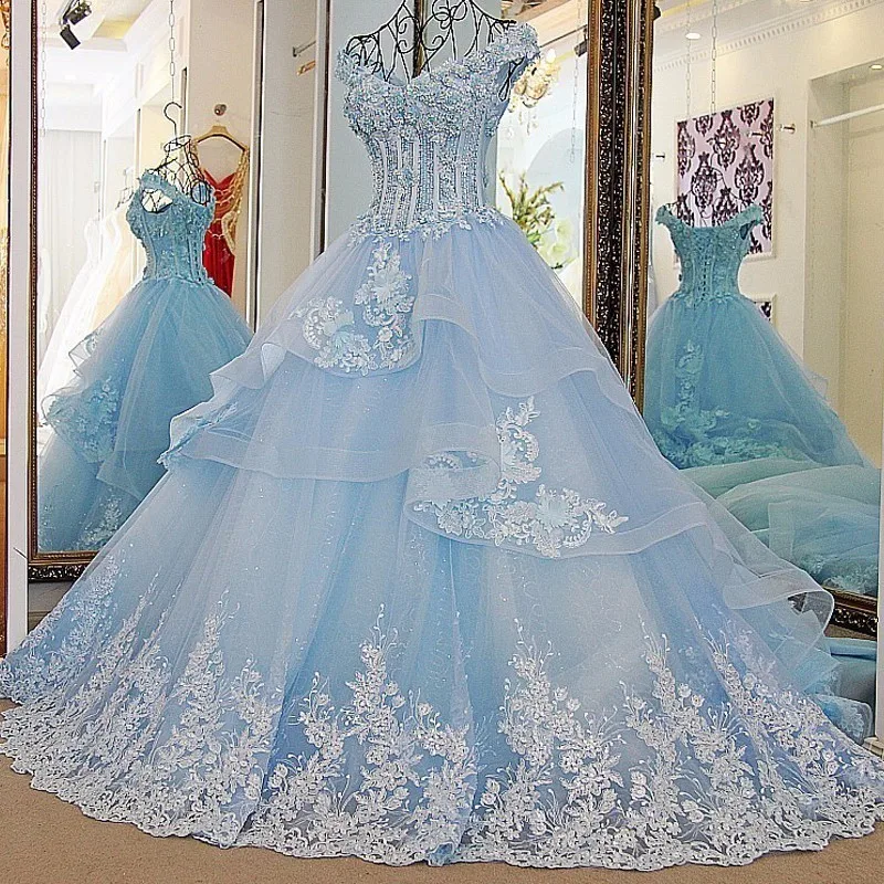 

Backlake Bling Bridal Gowns A Line Beading Lace Up Back Ivory and Blue Organza Wedding Dress 2016 Robe De Mariage