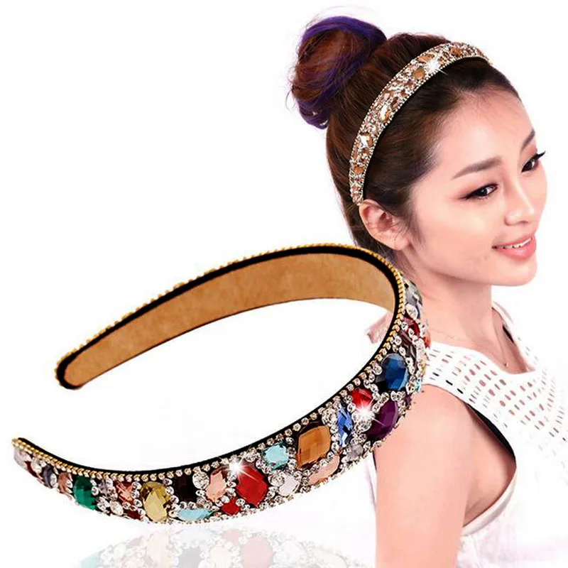 

Fashion Colorful Crystal Wide Hairbands Lady Hair Jewelry Handmade Crystal Headband Hair Band elastic hairband women hair access