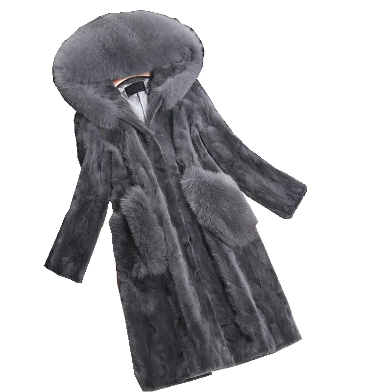 

Luxury Genuine Piece Mink Fur Coat Jacket Fox Fur Hoody Autumn Winter Women Fur Warm Outerwear Coats Garment 3XL 4XL LF4225