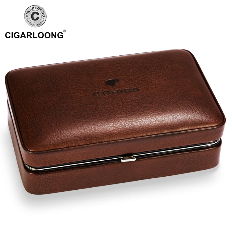 

COHIBA Brown Leather Cigar Humidor Case Cedar Wood Cigar Case Humidor With Lighter Cutter Humidifier Gift Set CLA-B0052