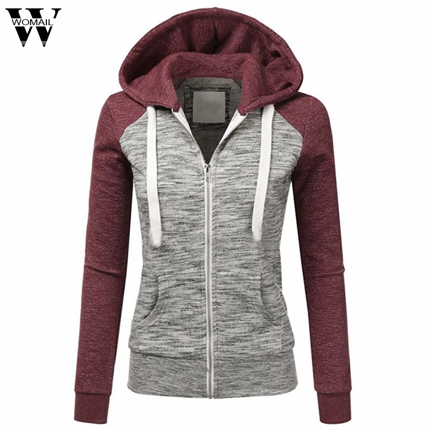 Women Autumn Casual Long Sleeve Thin Zip Contrast Hood Hoodies Jacket
