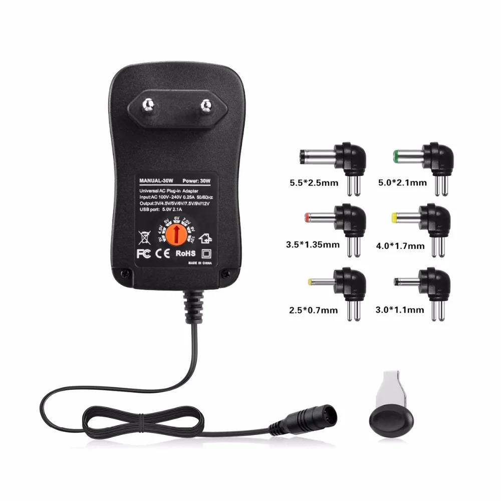 

Universal adapter lighting transformers 100V - 240V to DC 3V 4.5V 5V 6V 7.5V 9V 12V 30W Power Supply USB Charger EU US UK plug