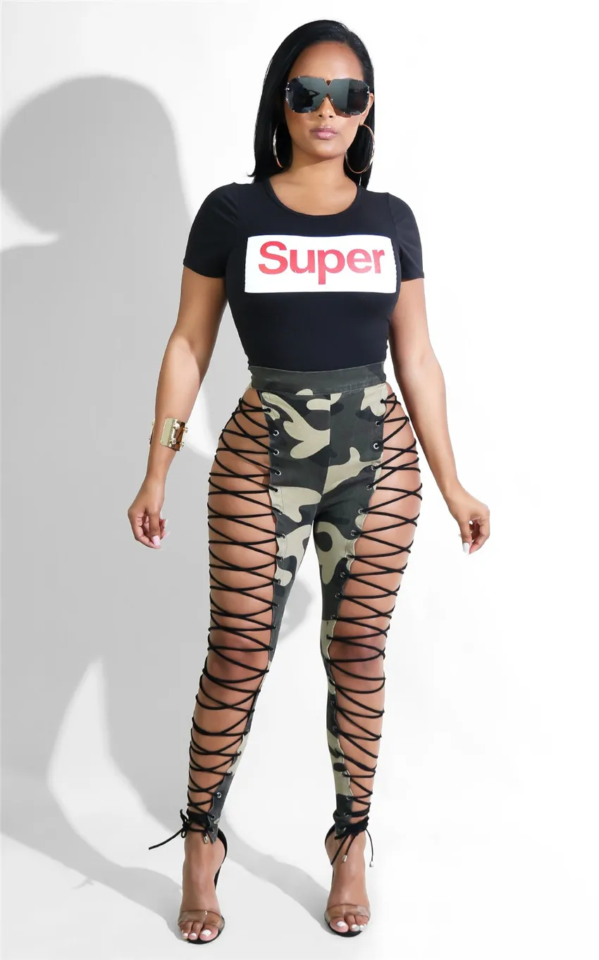 Tsuretobe новые сексуальные выдалбливают бандажные камуфляжные брюки женские облегающие Клубные Вечерние брюки на шнуровке узкие брюки с высокой талией женские