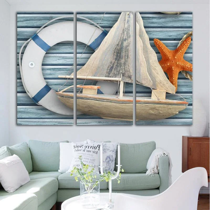 

Modern Unframed Canvas Painting Nautical Draw Starfish Boat Canvas Poster 3 Pieces Canvas Wall Art Picture for Home Decor