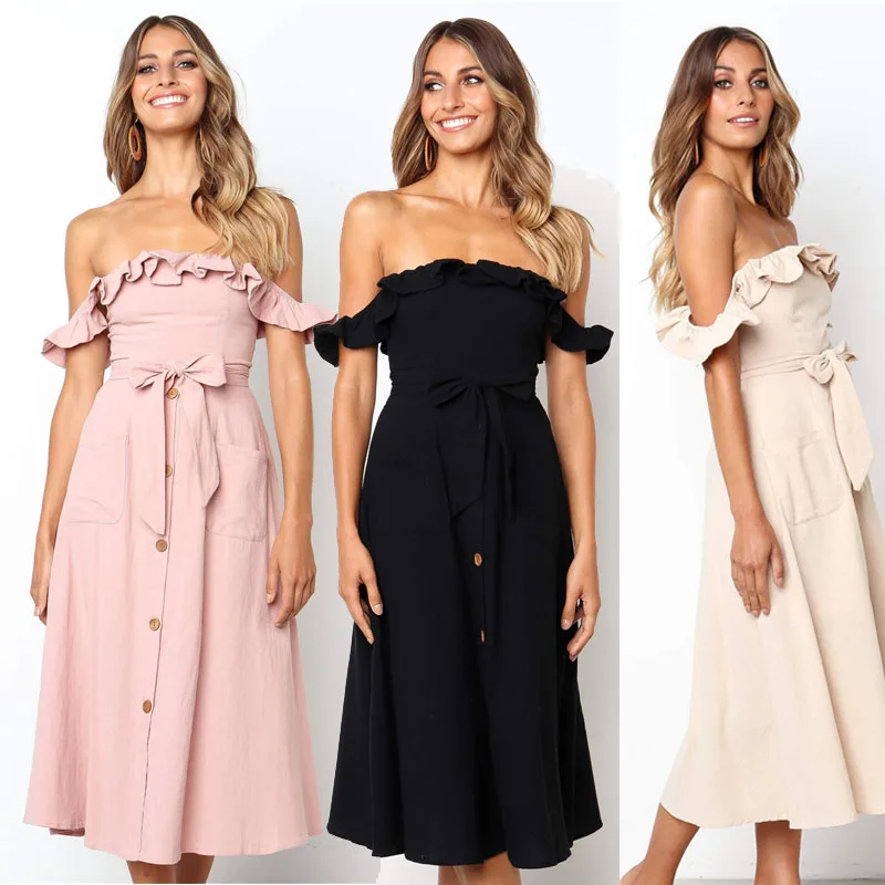 

Backless Sexy Women Summer Dress 2019 Ruffles Off Shoulder Beach Dress Buttons Strapless Long Sundress Boho Midi Dress Ladies