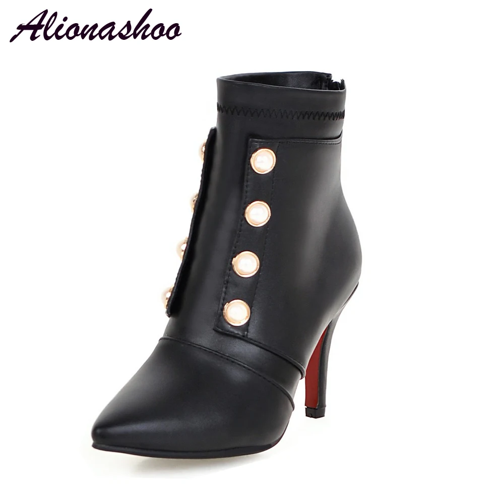 

Alionashoo Women Ankle Boots Soft Pu Leather Thin High Heel Pearl Rivets Boots Winter Autumn Boots Warm Fur Big Size 34-47