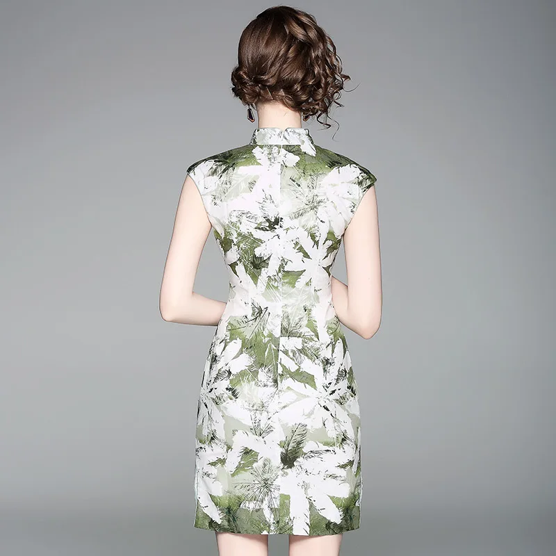 Cinese Lino Donne Mandarino Estate Matita Per Eleganti Fascia Alta La E Collare Sottile Delle Abiti Stile In Femmina Cotone Di Verde Stampa 887OAqw