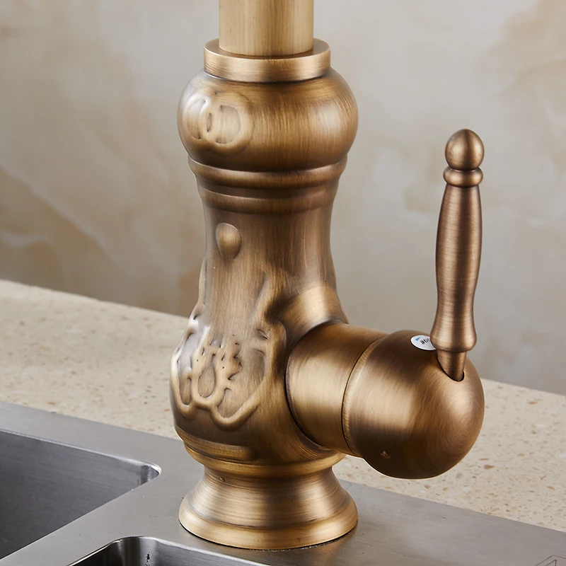 Antique Brass Carve Art Hot and Cold Water kitchen sink faucet 360 Degree Rotation Single Handle/hole Kitchen Mixer Taps KD1289 Antique Brass Carve Art Hot and Cold Water kitchen sink faucet 360 Degree Rotation Single Handle/hole Kitchen Mixer Taps KD1289