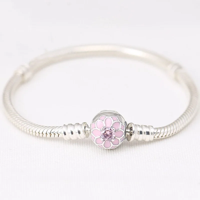 

100% Authentic 925 Sterling Silver Bead Charm Snake Chain Fit Branded Bracelet with Magnolia Bloom Clasp for Women DIY Jewelry