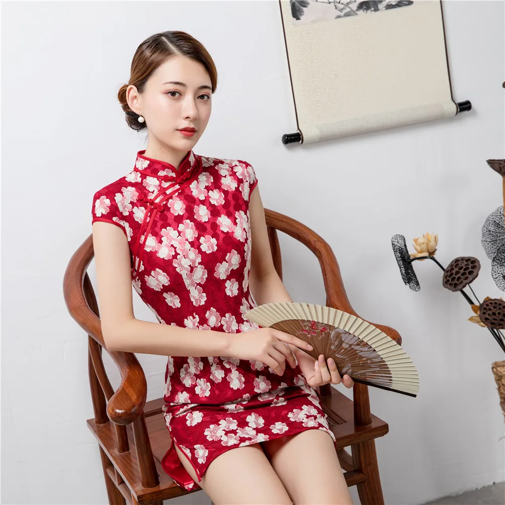 Шанхай история с коротким рукавом красный Qipao короткие Cheongsam китайское традиционное платье китайский Восточный платье для Для женщин