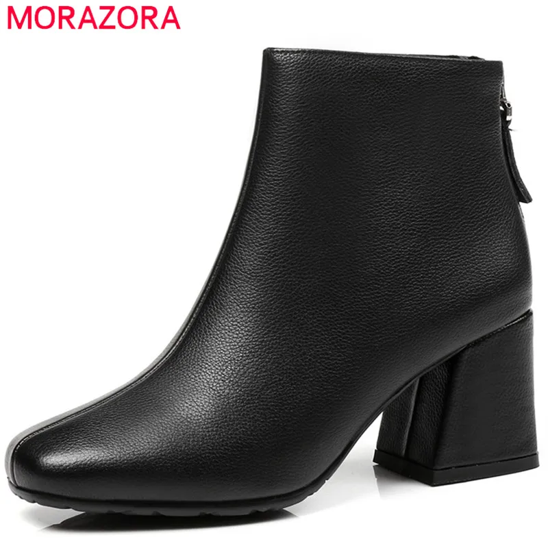 

MORAZORA 2020 top quality genuine leather boots simple zip short plush ankle boots for women autumn winter high heels shoes