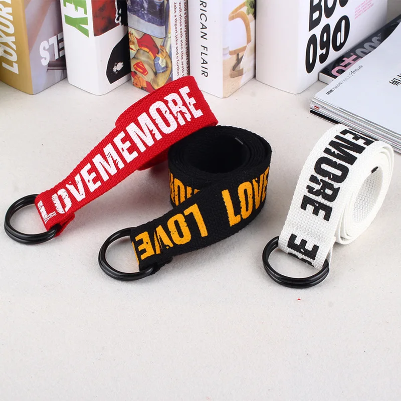 

New Fashion Love Me More Women Harajuku Belt Red Letter Printed Fashion Unisex Double D Ring Canvas Strap Female Long Belts