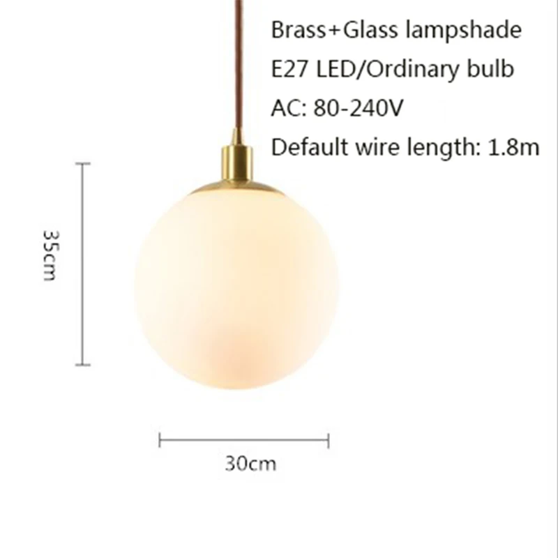 Скандинавский минималистичный латунный подвесной светильник E27 светодиодный одноголовый стеклянный шар подвесной светильник для кухни гостиной прикроватной тумбочки ванной комнаты отеля