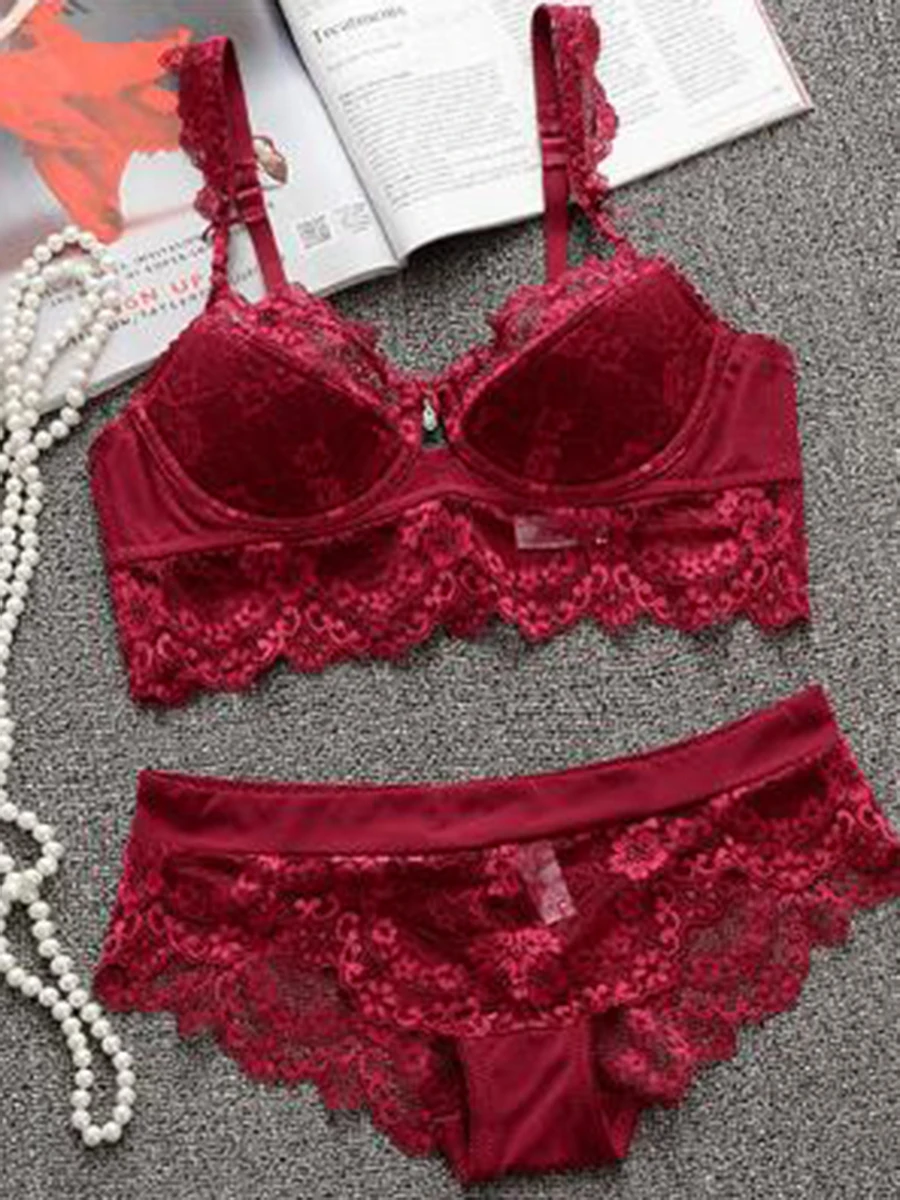  Women Sexy Bra Brief Sets Burgundy Lace Up Push Up Bra Three Quarters Adjusted-straps Underwire Fas