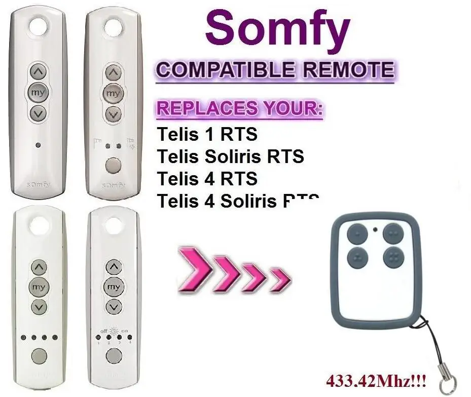 

For Somfy Telis 1 RTS, Somfy Telis 4 Soliris RTS compatible remote control 433,42Mhz rolling code free shipping