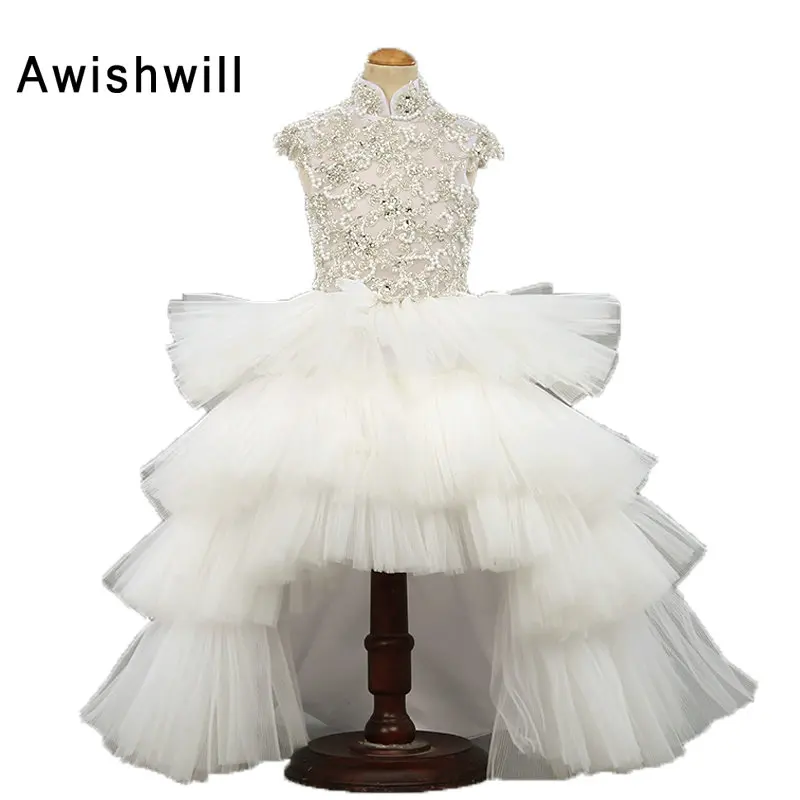Robe Fille Enfant Mariage de Soiree/Белое многослойное платье с цветочным узором и рукавами