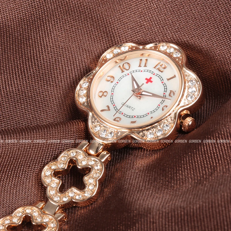 Специальные Элегантный Стиль цветок в форме розовое золото Кристалл Нержавеющая сталь брошь Медсестра кварцевые карманные Часы Для