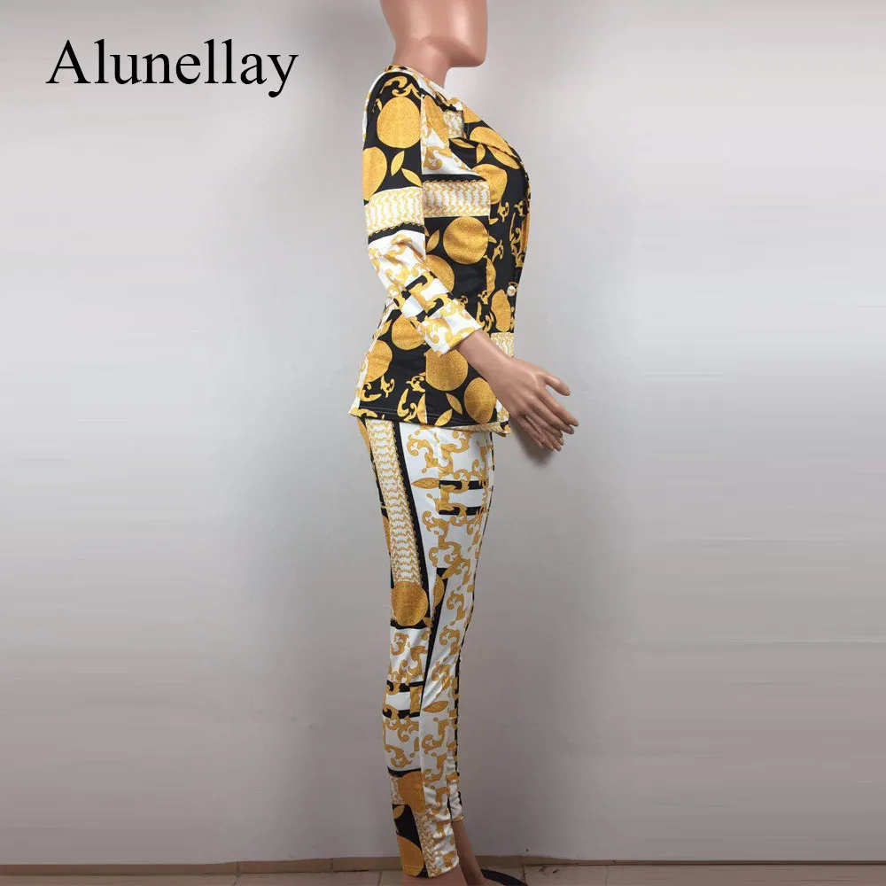Alunellay Women 2 Piece Sets Printed Jumpsuit Wrist Sleeve Button Notched Collar Slim Bodycon Jumpsuit Women Sexy Club Playsuit