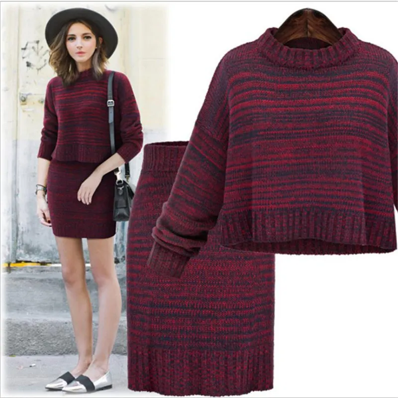 2018 Autumn And Winter New Women Sweater Dress Fashion Two Pieces Set Package Hip Skirt Female Knitting Set Sweater Dress Female Women's Sets