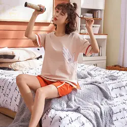 Весна Лето Чистый хлопок Двухсекционный женский пижамный комплект ночной досуг короткие брюки с рукавами женская ночная сорочка короткая