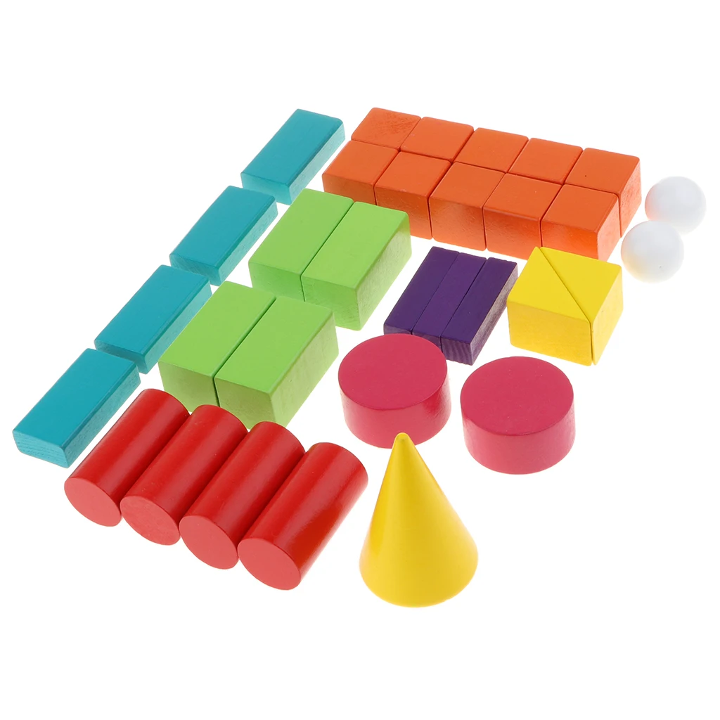 Pack of 32 Wooden Geometric Solids 3D Geometry Block Mathematics Educational Toys Student Math Manipulatives
