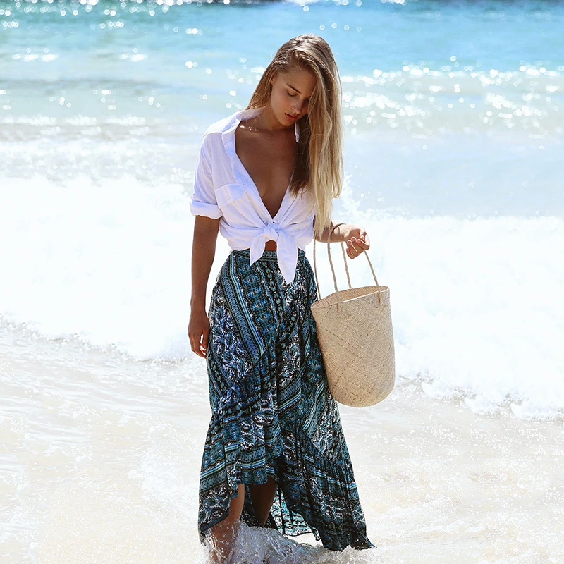 

Summer Vestido Thai Style Vintage Long Beach Asymmetrical Maxi Skirt Ethnic Elastic Women Skirts Print Robe Femme Falda W1088