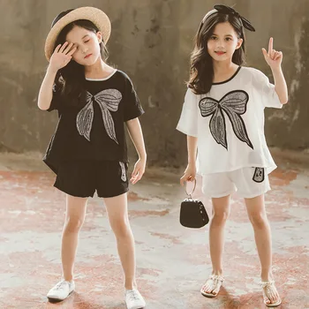 

Kids Clothing Girls 2019 Summer Clothes Set Boutique Outfits Toddler Kids Bowknot T Shirt +Shorts 2pcs 3 to 13 Years