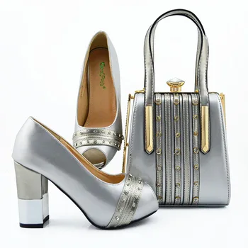 

Silver italian shoes and bag matching set for african lace dress aso ebi wedding party lady pumps and clutches bag set SB8390-7