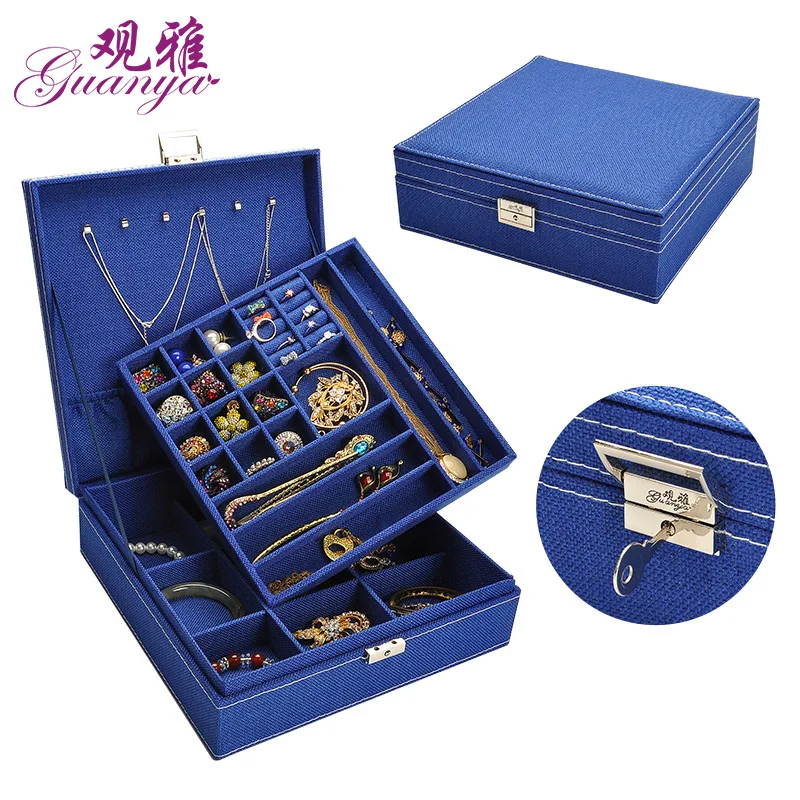 

GUANYA Large Best Selling Fashion Flannel Square Jewelry Box Simple layout 2 Layers Makeup Organizer Ring necklace Storage Box