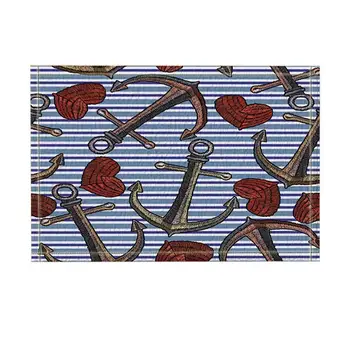 

Nautical Decor, Embroidery Anchor and Heart in Blue Strip Bath Rugs, Non-Slip Doormat