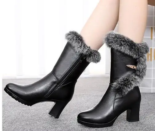 

2018 new leather Martin boots thick with female winter warm plus velvet rabbit fur boots in the tube high heel cotton boots