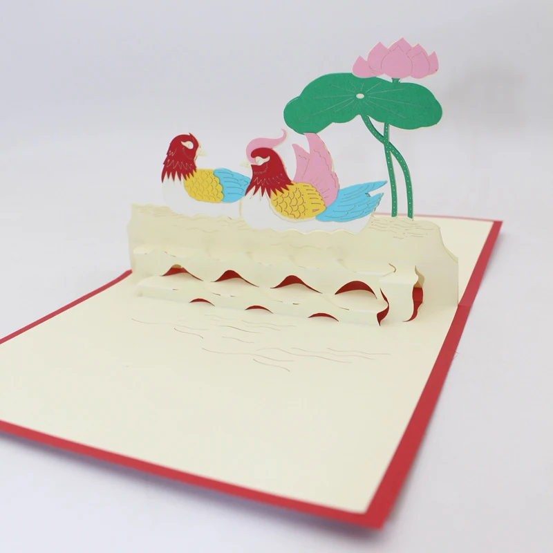  3D Handmade Chinese Mandarin Ducks Playing In The Water Paper Invitation Greeting Cards Wedding Pos - 32915078789