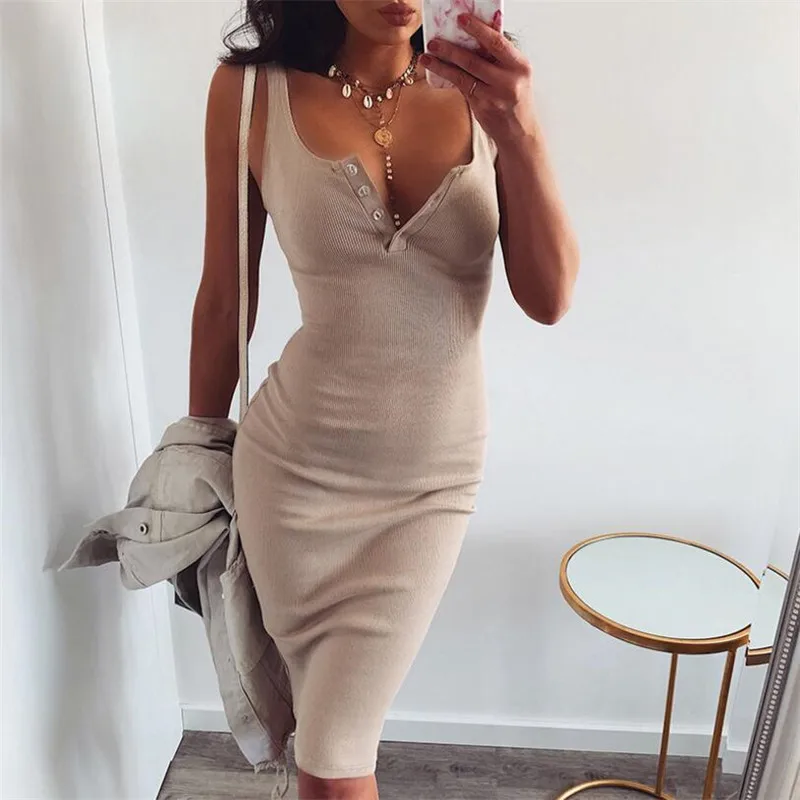 

2019 summer U collar with a button down dress, slim casual solid color dress