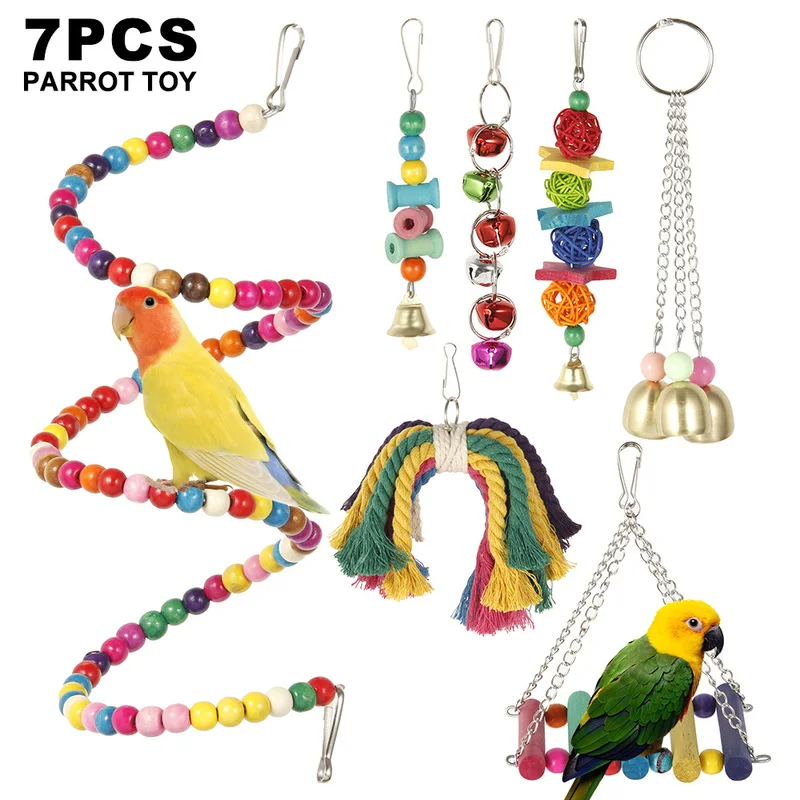7 видов стилей игрушечные попугаи деревянные птицы качели стоячие жевательные стойки игрушки круглые бусины кисточки Гамак Висячие Игрушки для птиц аксессуары