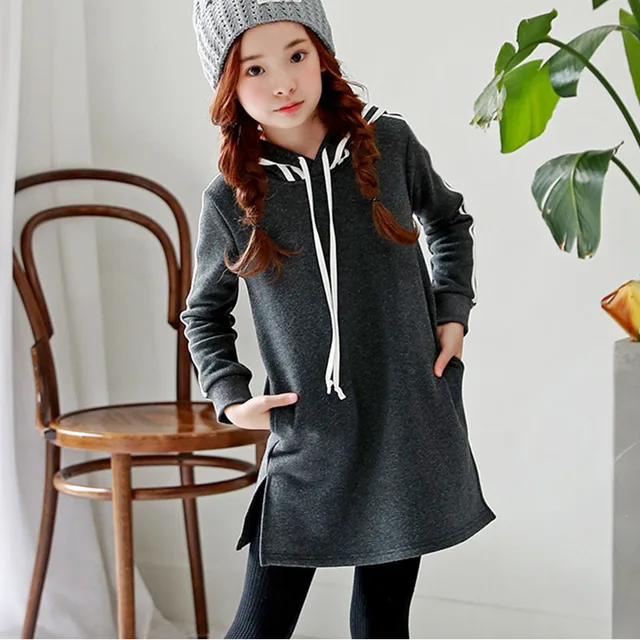 hooded winter dress for girls 10 to 12 years long sleeve autumn 2017