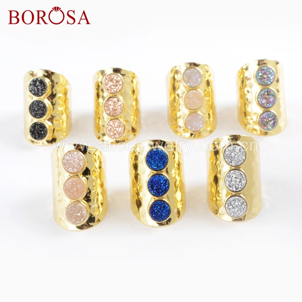 

BOROSA 5PCS Gold Color Bezel Three Round Titanium Rainbow Druzy Band Ring, Mixed Color 3 Drusy Stone Party Rings Jewelry ZG0365