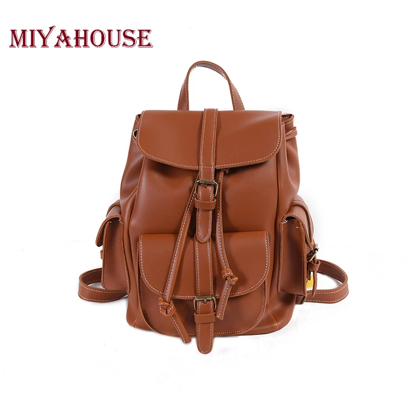 

Miyahouse Female Solid Color Soft PU Leather Backpacks Teenage Girls Fashion Korean Style Shoulder Schoolbags Women Travel Bags