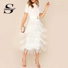 Sheinside белые элегантные многослойные вечерние платья с бахромой для женщин летние платья карандаш женские однотонные миди платья