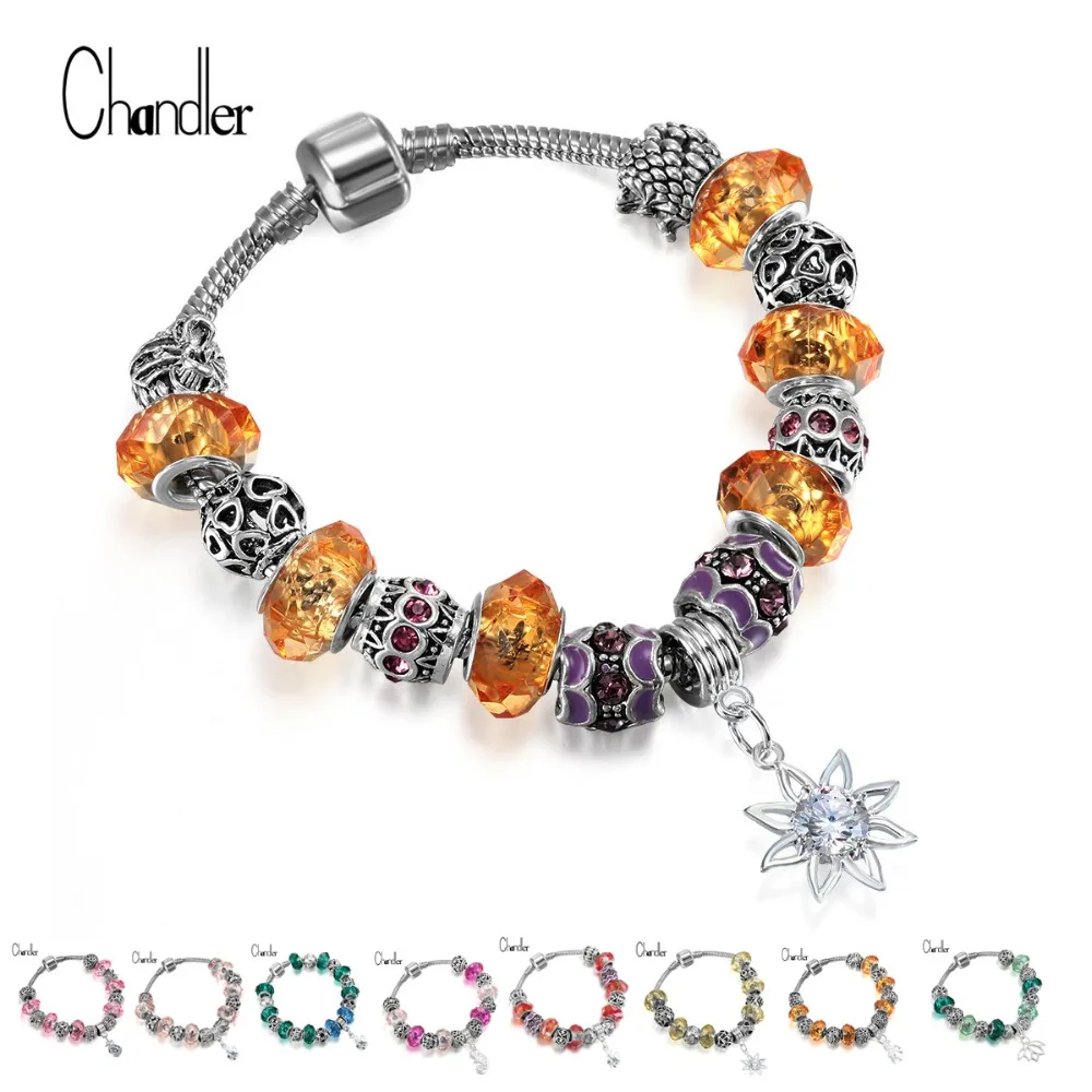 2017 New Snake Chain Beads Charms Bracelets & Bangles For Women Men Silver Plated   Muticolor Glass Crystal Crystal Femme Bijoux