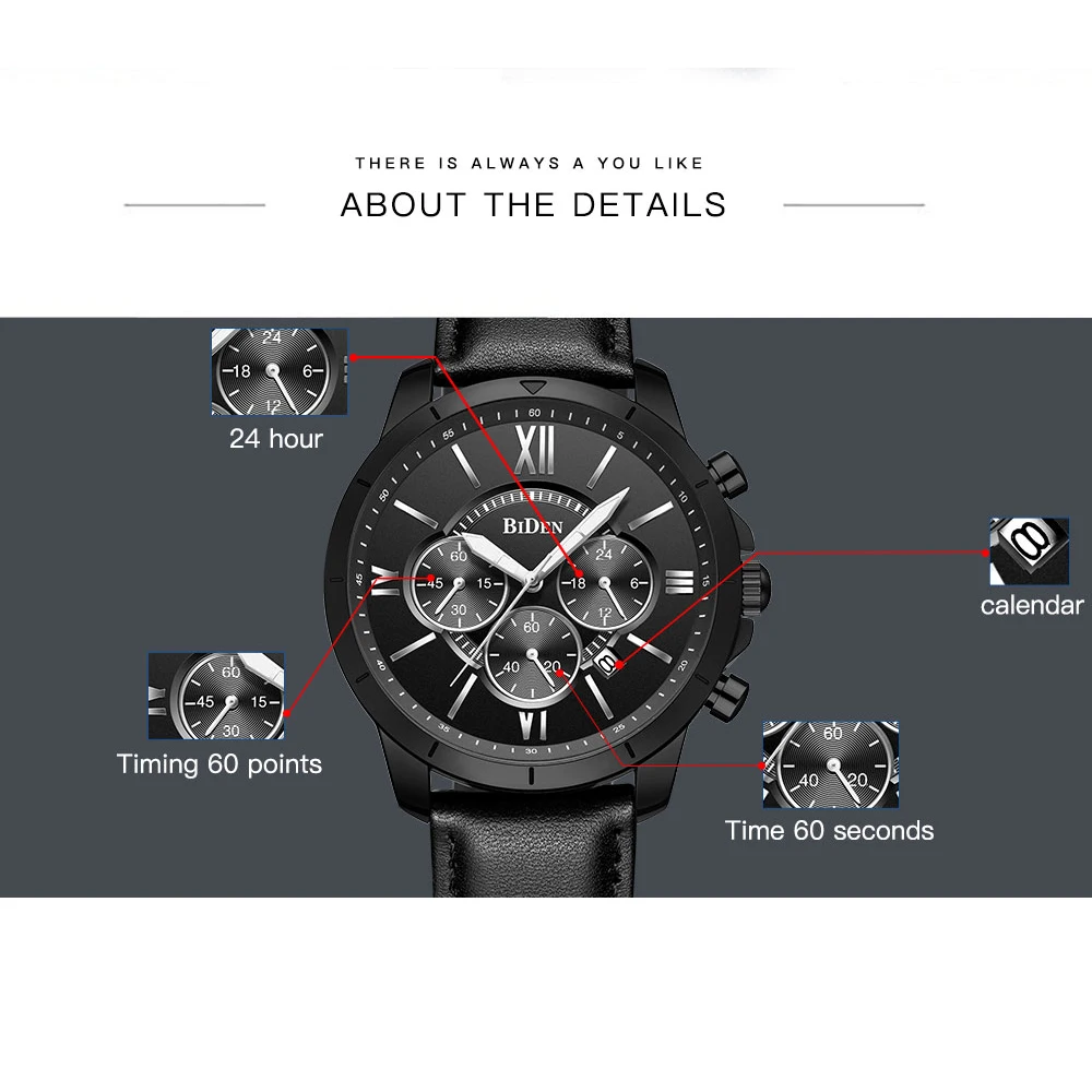 BIDEN Mens Watches Fashion Sport Quartz Clock Male Watch Men Luxury Business Leather Waterproof Wristwatch Relogio Masculino