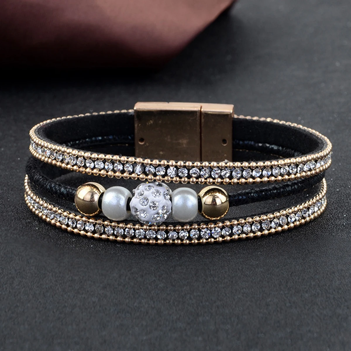 Vintage Fashion Women Bracelet Jewelry Leather Multilayer Luxury Full Crystal Beads Bracelets Punk Charm Magnetic Bangle Cuff