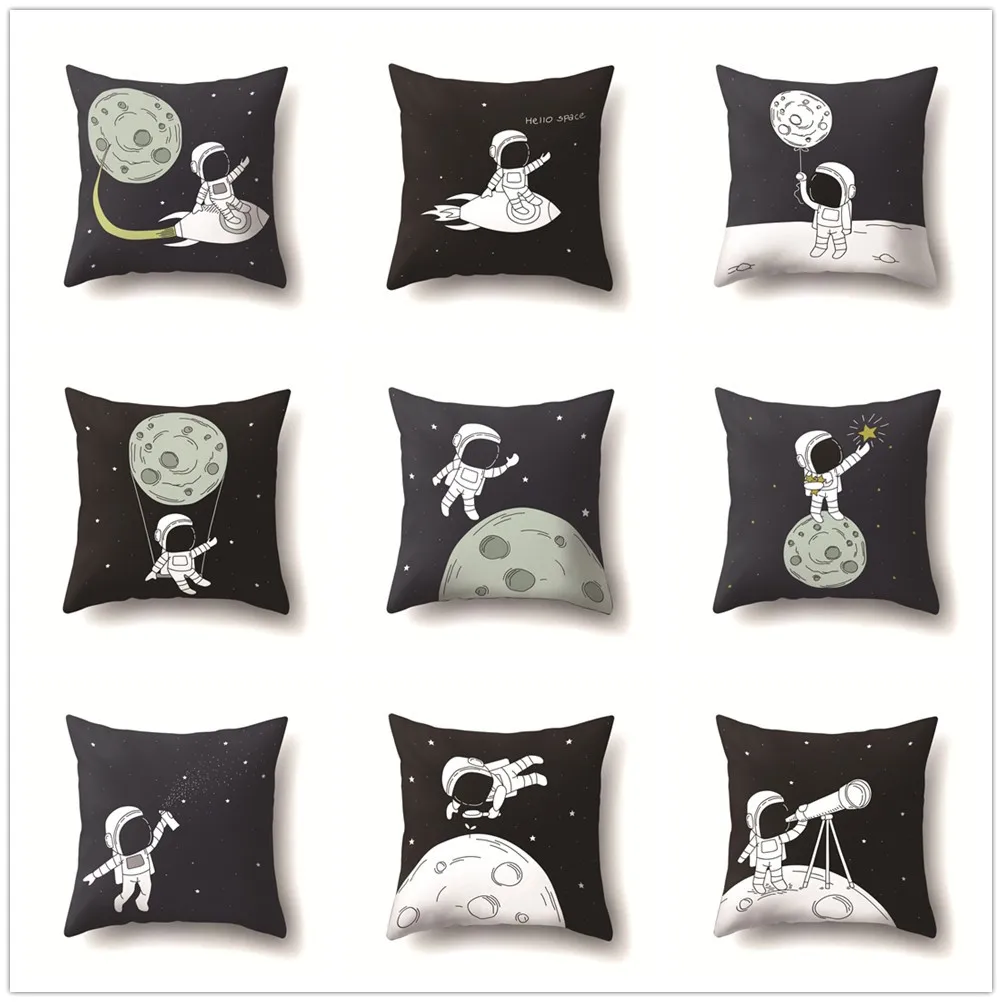 

Cartoon Astronaut Series Cushion Cover Polyester Black Pillow Covers Outer Space Decorative for Sofa Bedroom Living Room Decor